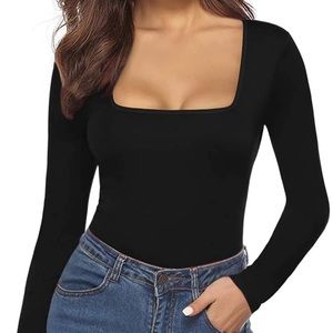 Black square neck long sleeve bodysuit